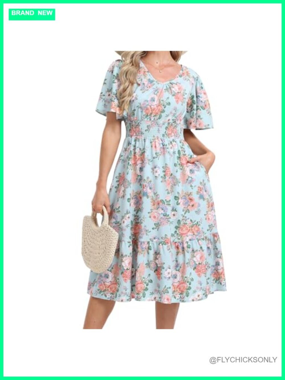 Women's Floral Flutter Sleeve Midi Dress with Pockets Tiered Boho Casual